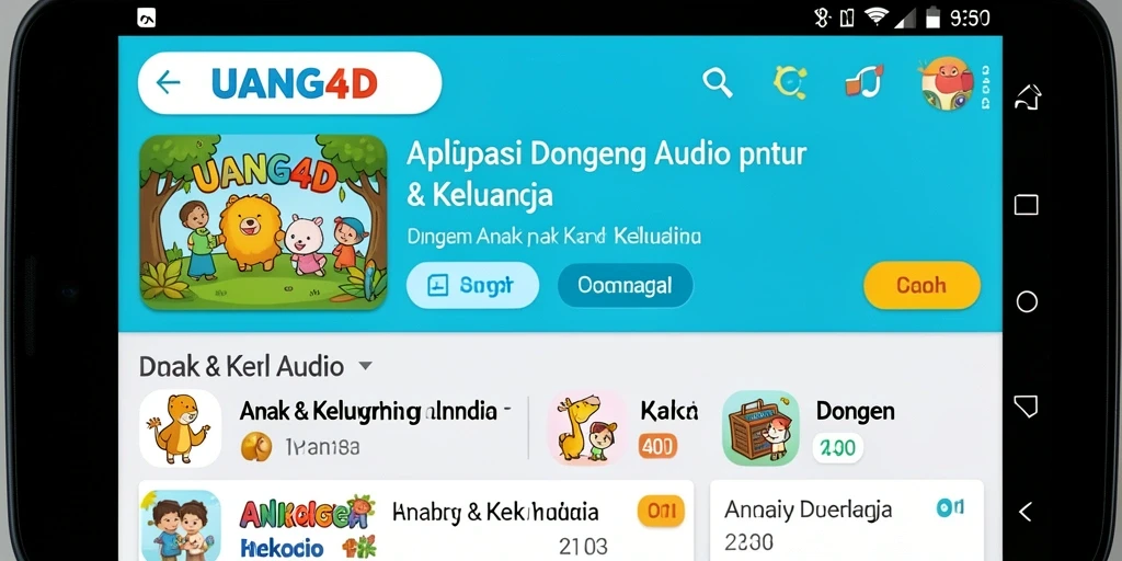 Tampilan antarmuka aplikasi UANG4D untuk Dongeng Audio yang ramah anak.